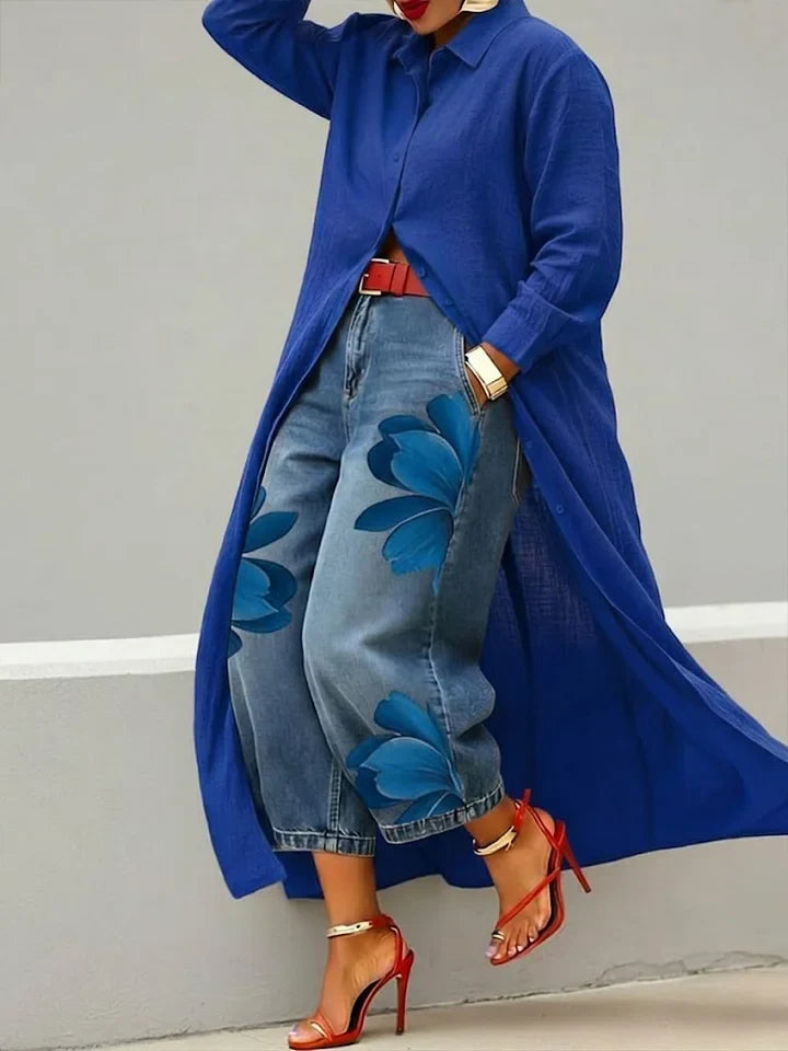 ESLEY | CONJUNTO DE CAMISA LARGA Y VAQUEROS ESTAMPADOS