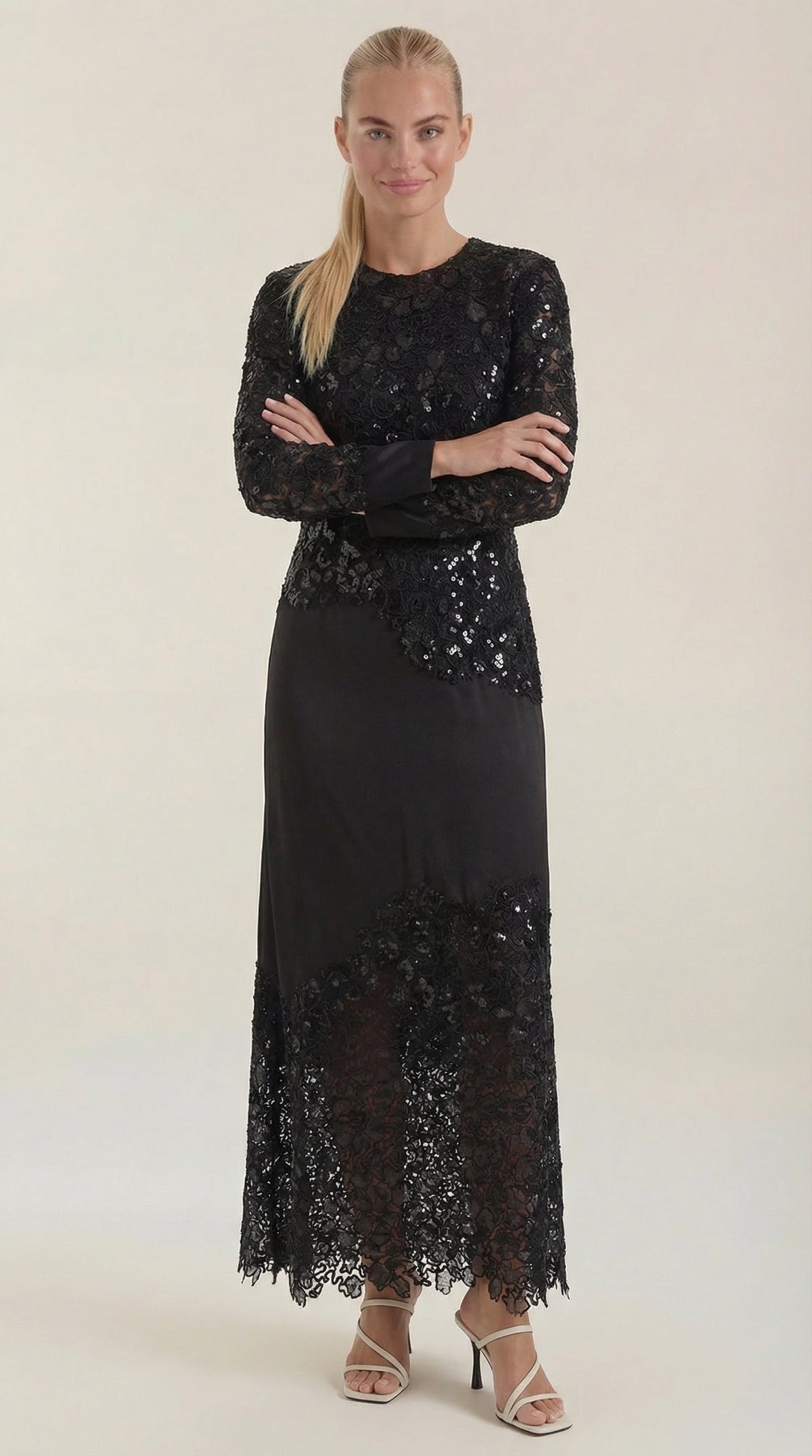 ELISE | VESTIDO LARGO CON LENTEJUELAS Y ENCAJE