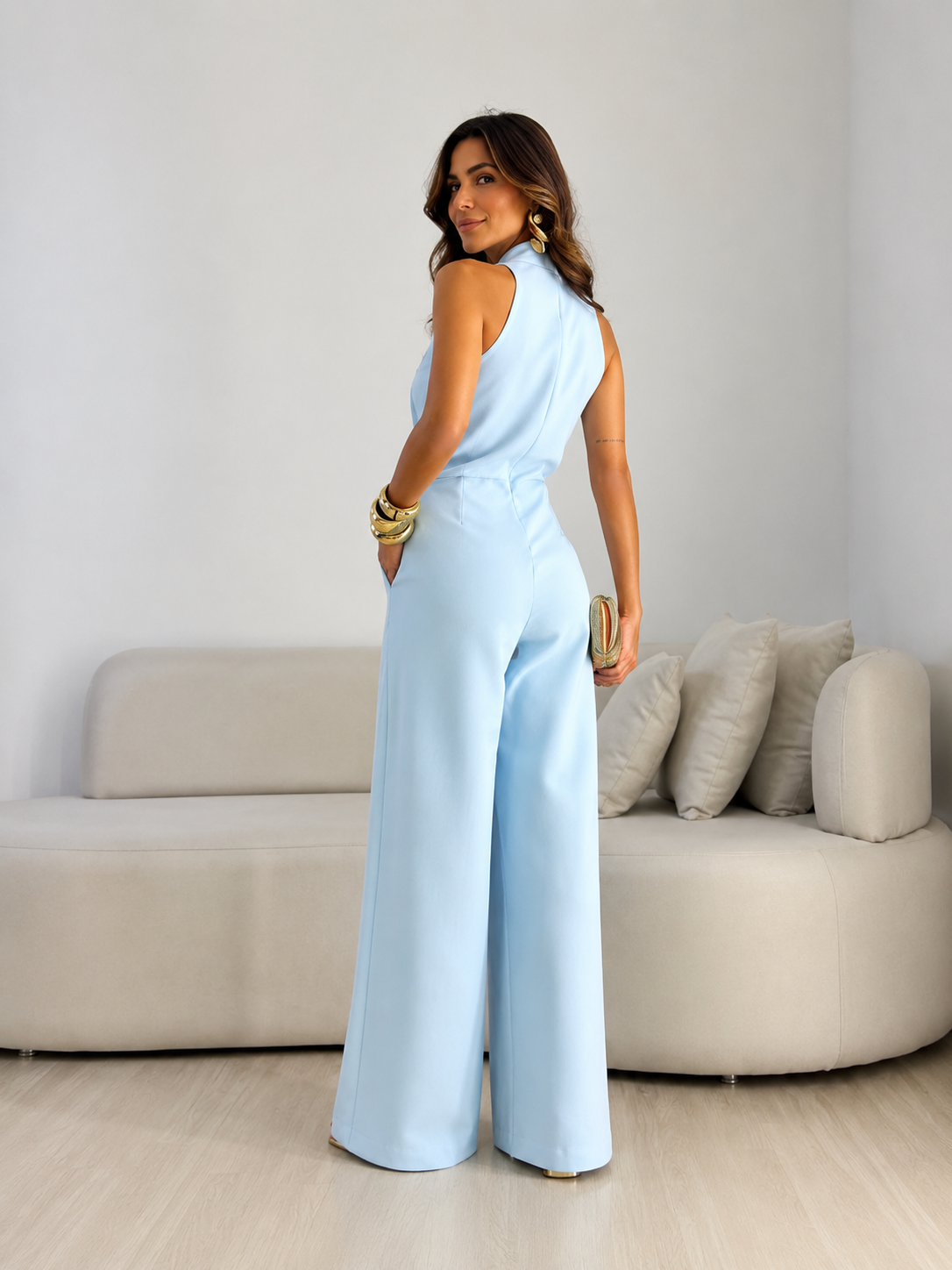 VALENTINA | MONO HALTER CON LAZO FRONTAL Y PANTALÓN PALAZZO DE PIERNA ANCHA