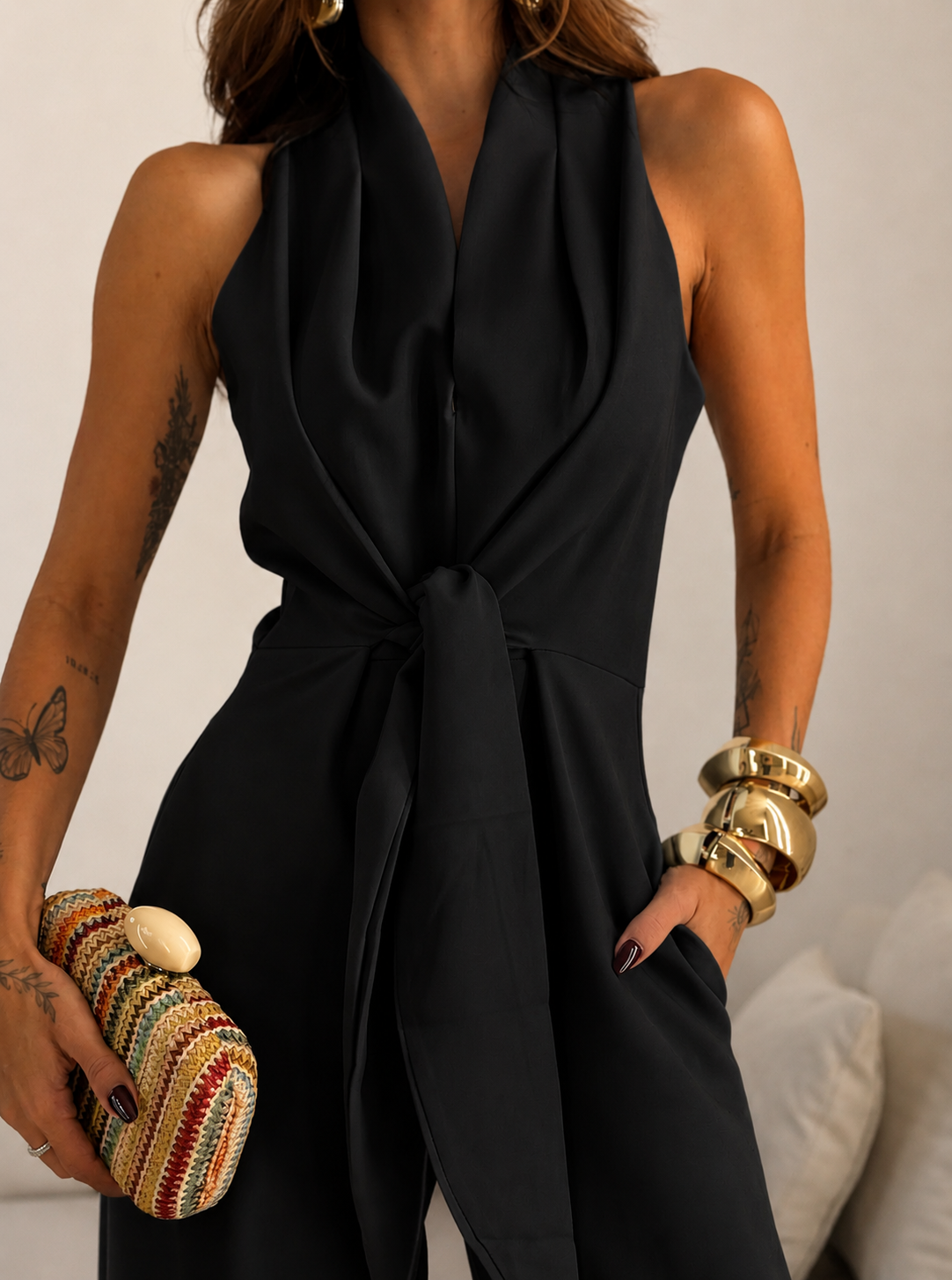 VALENTINA | MONO HALTER CON LAZO FRONTAL Y PANTALÓN PALAZZO DE PIERNA ANCHA