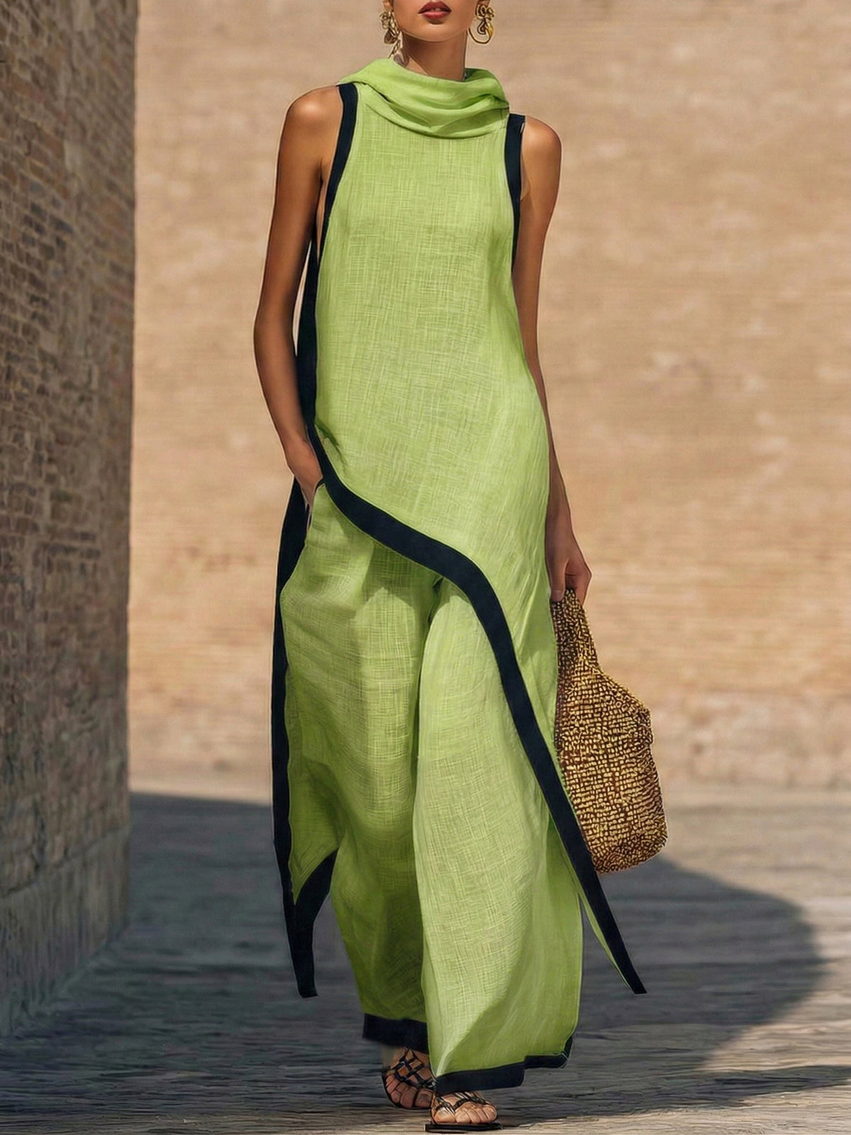 YENIRA | ELEGANTE CONJUNTO DE DOS PIEZAS DE ALGODÓN Y LINO CON CORTE ARTÍSTICO