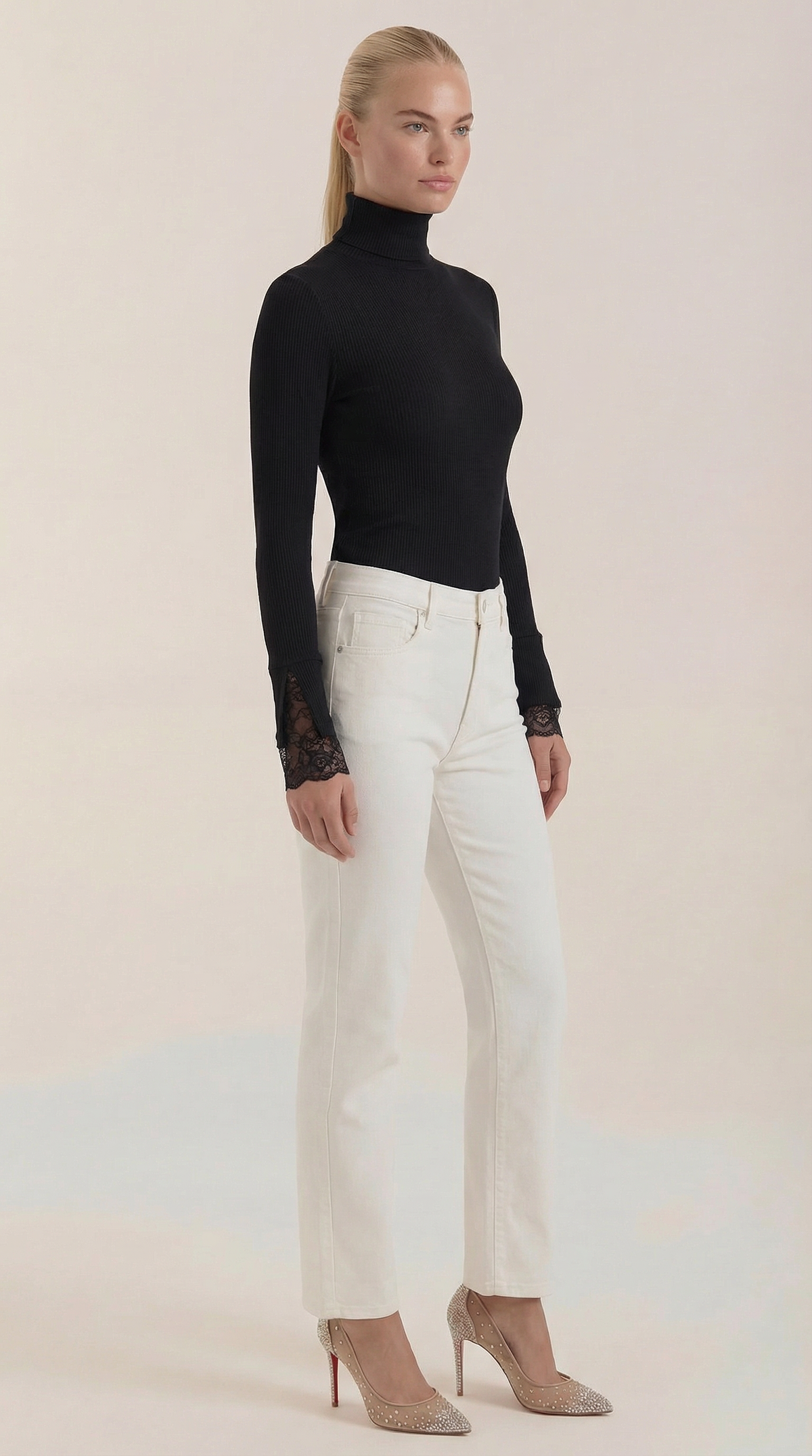 AGATHA | JERSEY DE CUELLO ALTO CON PUÑOS DE ENCAJE TEXTURIZADO