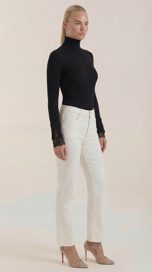 AGATHA | JERSEY DE CUELLO ALTO CON PUÑOS DE ENCAJE TEXTURIZADO