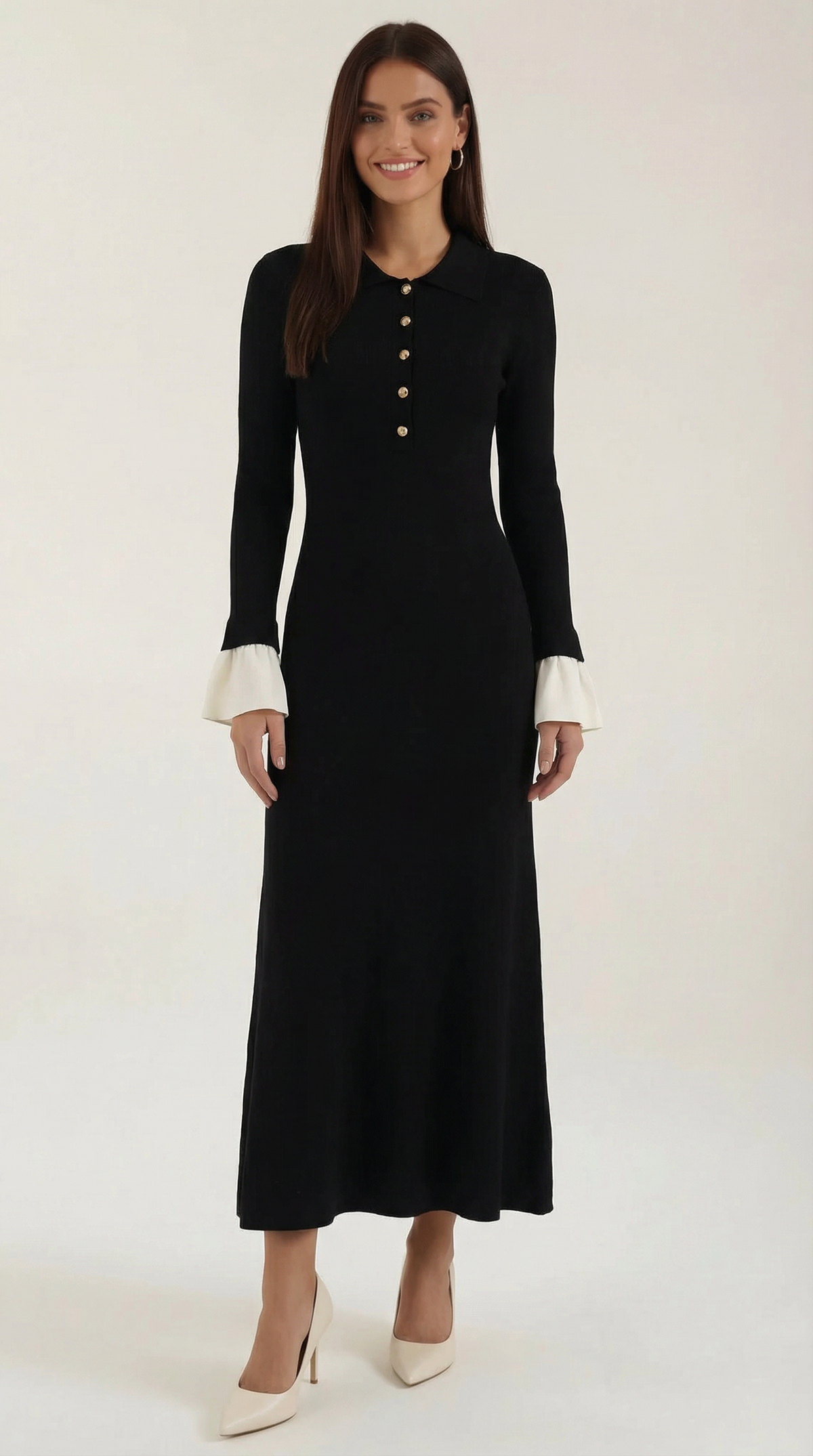 CHARLOTTE | VESTIDO LARGO DE PUNTO CON PUÑOS EN CONTRASTE