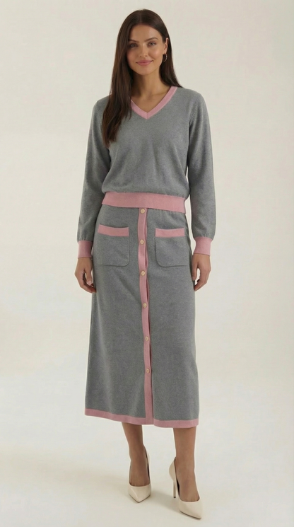 CHERYL | CONJUNTO DE SUÉTER CON ESCOTE EN V Y FALDA MIDI