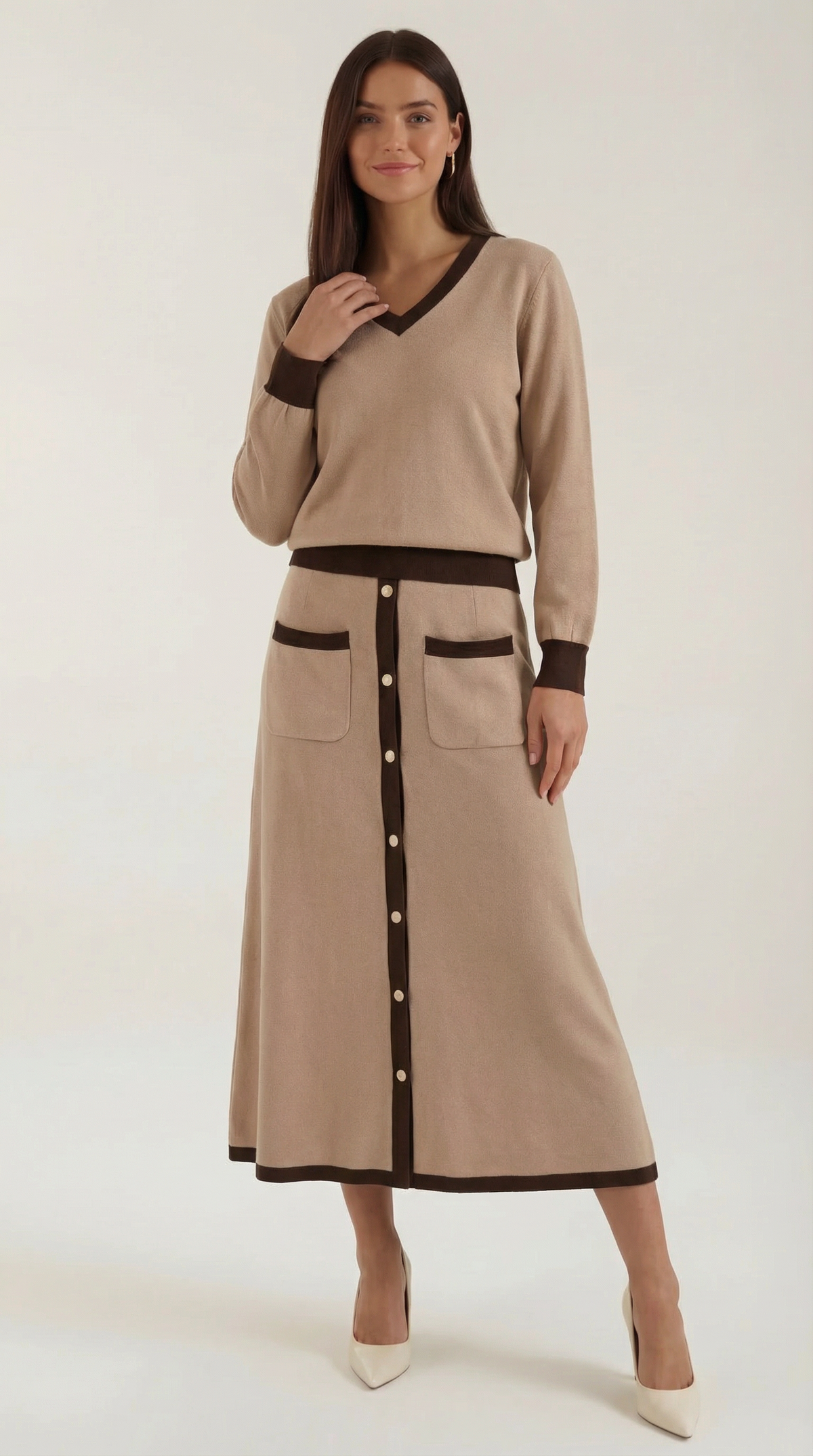 CHERYL | CONJUNTO DE SUÉTER CON ESCOTE EN V Y FALDA MIDI