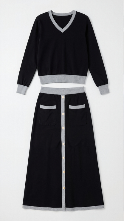 CHERYL | CONJUNTO DE SUÉTER CON ESCOTE EN V Y FALDA MIDI