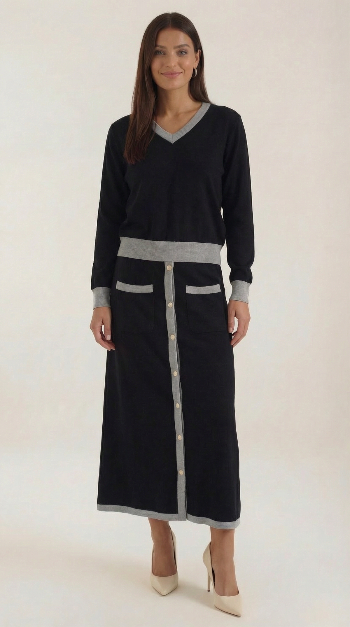 CHERYL | CONJUNTO DE SUÉTER CON ESCOTE EN V Y FALDA MIDI