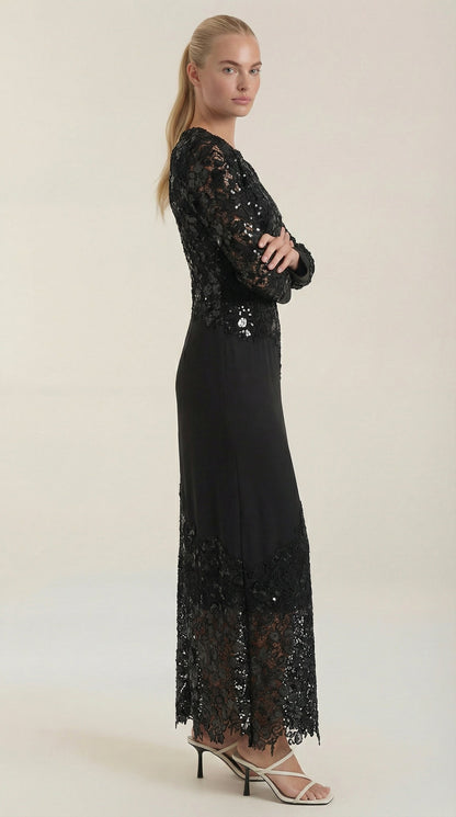 ELISE | VESTIDO LARGO CON LENTEJUELAS Y ENCAJE