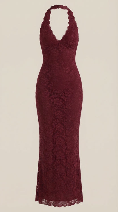 ROXANNE | VESTIDO LARGO DE ENCAJE CON ESCOTE HALTER