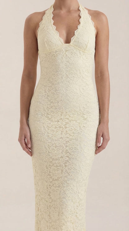 ROXANNE | VESTIDO LARGO DE ENCAJE CON ESCOTE HALTER