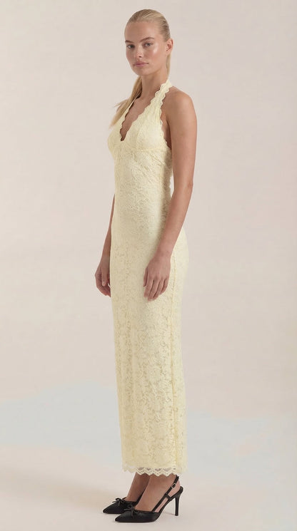 ROXANNE | VESTIDO LARGO DE ENCAJE CON ESCOTE HALTER
