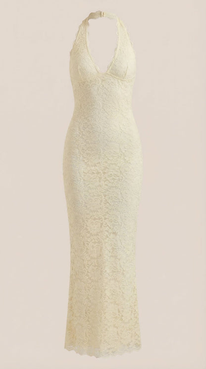 ROXANNE | VESTIDO LARGO DE ENCAJE CON ESCOTE HALTER