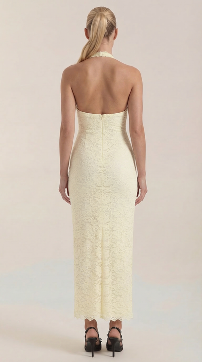 ROXANNE | VESTIDO LARGO DE ENCAJE CON ESCOTE HALTER