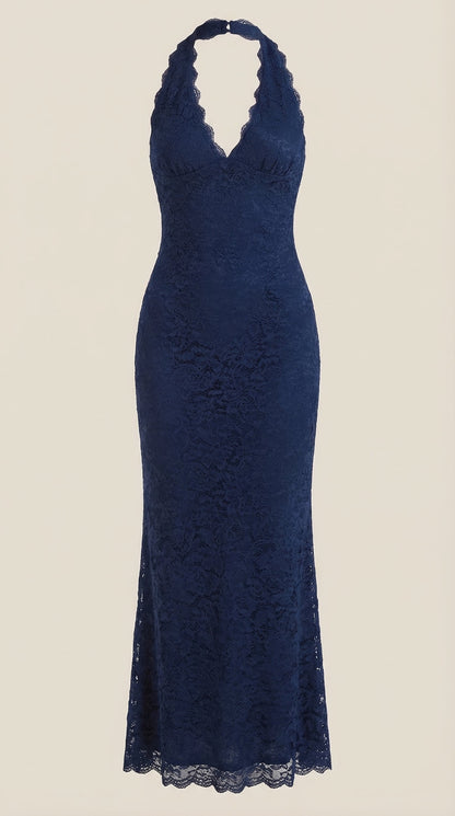 ROXANNE | VESTIDO LARGO DE ENCAJE CON ESCOTE HALTER