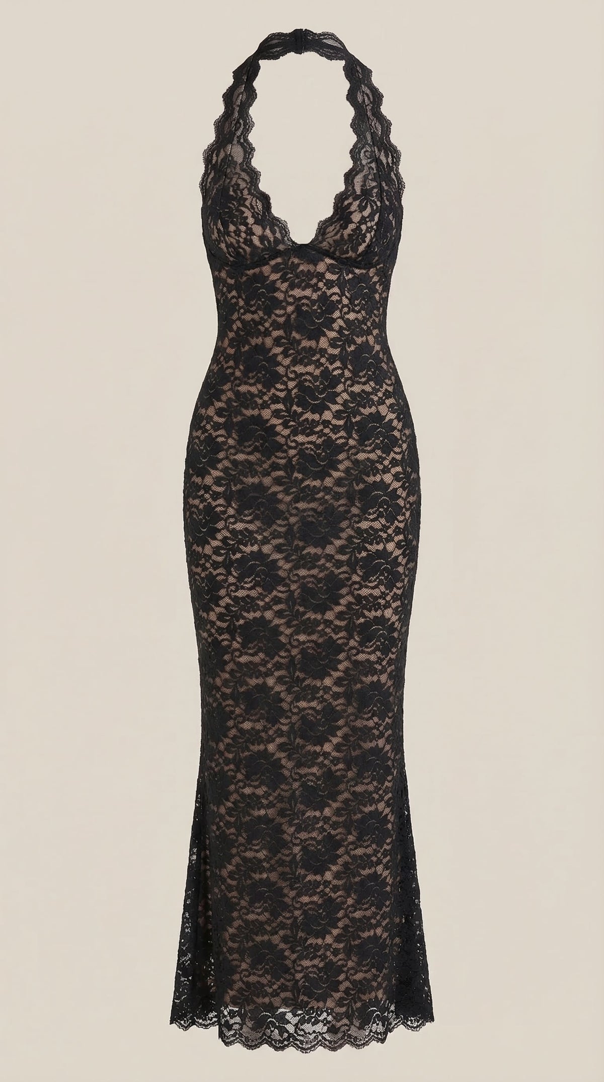 ROXANNE | VESTIDO LARGO DE ENCAJE CON ESCOTE HALTER