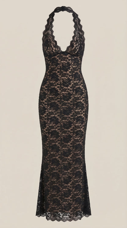 ROXANNE | VESTIDO LARGO DE ENCAJE CON ESCOTE HALTER